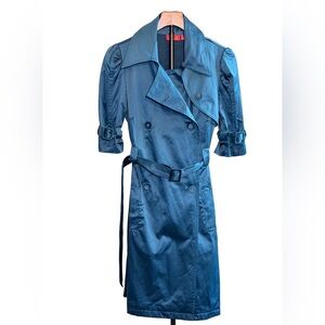 Elle Teal Blue Satin Trench Coat / raincoat model off-duty small y2k brand